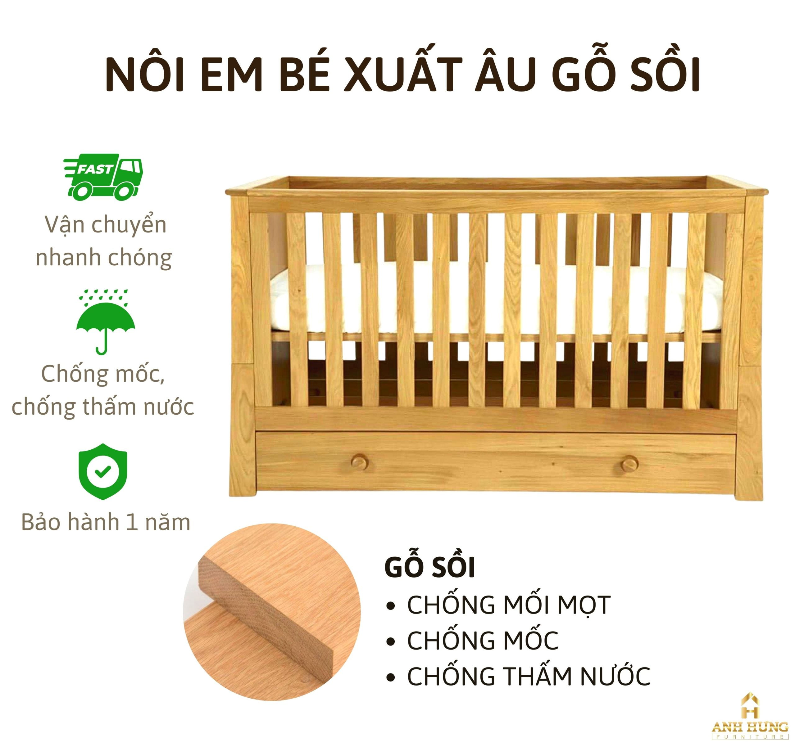 NÔI EM BÉ XUẤT ÂU GỖ SỒI